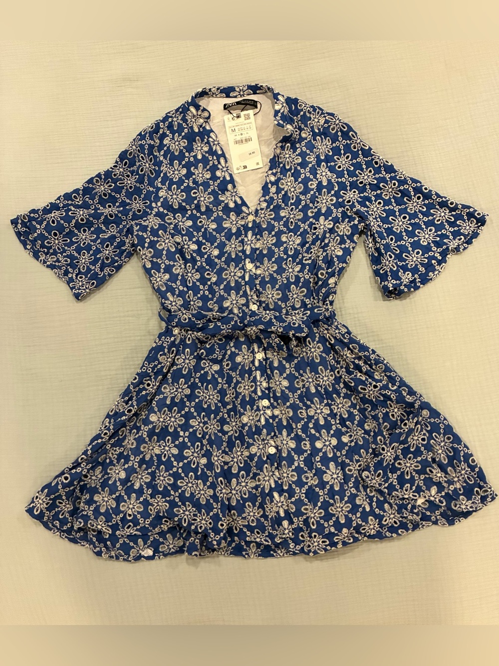NWT Zara Blue Floral Button-Front Dress with Waist Tie